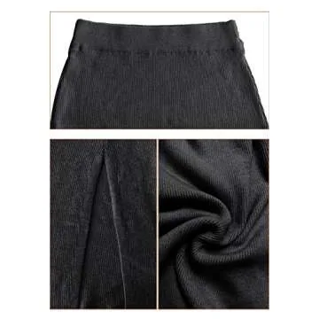 HERBATOMIA Ribbed Knit Midi Black Skirt Basic Solid Split Side Stretchy Ribbed Knit Pencil Mid Length Skirts for Women