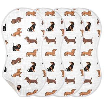 WELLDAY Muslin Baby Burp Cloths Set of 1, Soft Absorbent Cute Dogs Dachshunds Muslin Washcloths, Bibs, Face Towel for Newborn Boys Girls, 22 x 11 Inch