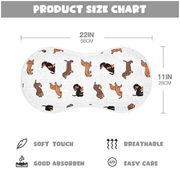 WELLDAY Muslin Baby Burp Cloths Set of 1, Soft Absorbent Cute Dogs Dachshunds Muslin Washcloths, Bibs, Face Towel for Newborn Boys Girls, 22 x 11 Inch