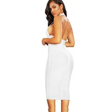 UONBOX Women's Sexy Deep V Neck Open Back Backless Halter Evening Party Club Midi Bodycon Bandage Dress White S
