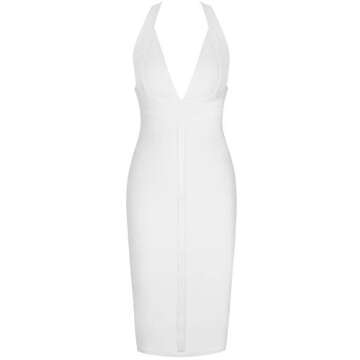 UONBOX Women's Sexy Deep V Neck Open Back Backless Halter Evening Party Club Midi Bodycon Bandage Dress White S