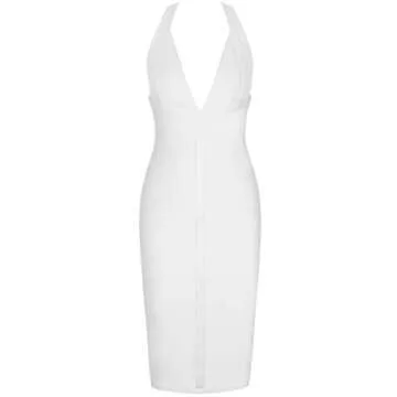 UONBOX Women's Sexy Deep V Neck Open Back Backless Halter Evening Party Club Midi Bodycon Bandage Dress White S