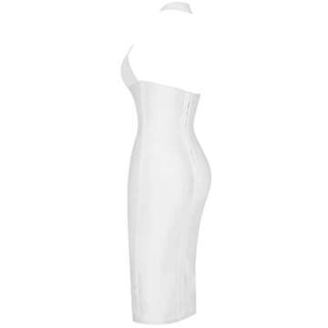 UONBOX Women's Sexy Deep V Neck Open Back Backless Halter Evening Party Club Midi Bodycon Bandage Dress White S