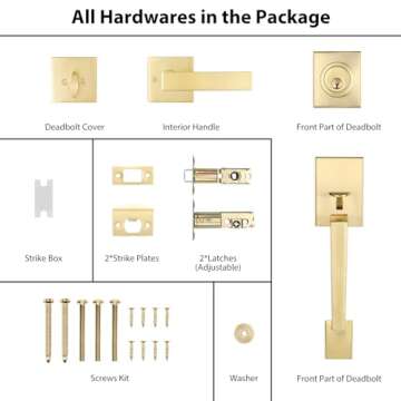 Haidms Gold Front Door Handle and Deadbolt Set, Entry Door Handle and Deadbolt Set with Reversible Handle Lever,Front Door Lock Set, Front Door Handles and Locks