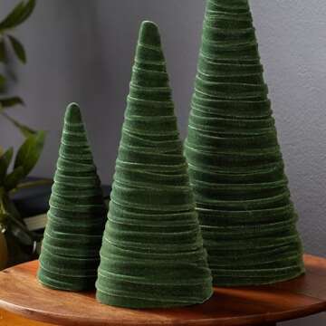 Elegant Olive Green Velvet Cones Set of 3 – Artisan Decor for Every Occasion