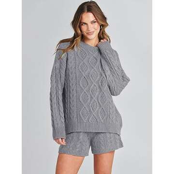 ANRABESS Women 2 Piece Outfits Sweater Lounge Loungewear Sets Fall Cable Knit Oversized Sweaters Short Pants Matching Sets Silver grey Large