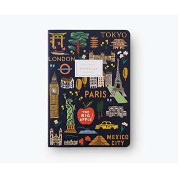 RIFLE PAPER CO. Bon Voyage Stitched Notebook Set, Assorted Set Of 3 Notebooks, 64 Ruled Pages With Gold Ink, Canvas Paper Cover With White Text Paper Interior