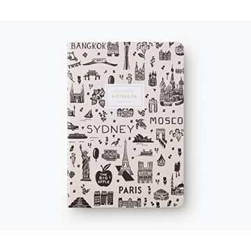 RIFLE PAPER CO. Bon Voyage Stitched Notebook Set, Assorted Set Of 3 Notebooks, 64 Ruled Pages With Gold Ink, Canvas Paper Cover With White Text Paper Interior