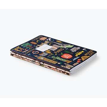 RIFLE PAPER CO. Bon Voyage Stitched Notebook Set, Assorted Set Of 3 Notebooks, 64 Ruled Pages With Gold Ink, Canvas Paper Cover With White Text Paper Interior