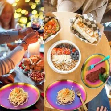 BISDARUN 4-Piece Stainless Steel Dinner Plates Dessert Salad Plates Set Indian, Mingcheng 9.1 Inch Colorful Metal Platter for Camping, Unbreakable and Reusable Dishwasher Safe (Rainbow)