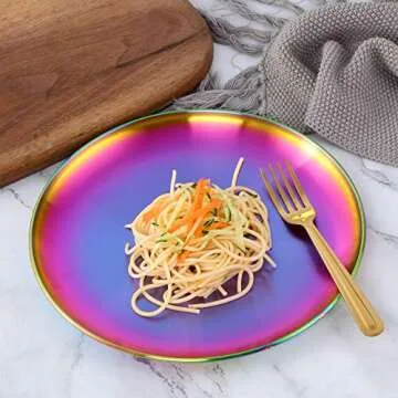 BISDARUN 4-Piece Stainless Steel Dinner Plates Dessert Salad Plates Set Indian, Mingcheng 9.1 Inch Colorful Metal Platter for Camping, Unbreakable and Reusable Dishwasher Safe (Rainbow)