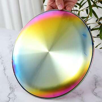 BISDARUN 4-Piece Stainless Steel Dinner Plates Dessert Salad Plates Set Indian, Mingcheng 9.1 Inch Colorful Metal Platter for Camping, Unbreakable and Reusable Dishwasher Safe (Rainbow)