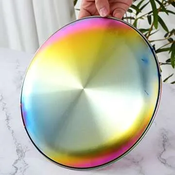 BISDARUN 4-Piece Stainless Steel Dinner Plates Dessert Salad Plates Set Indian, Mingcheng 9.1 Inch Colorful Metal Platter for Camping, Unbreakable and Reusable Dishwasher Safe (Rainbow)