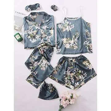 WDIRARA Women's 7 Pcs Pajama Set Comfy Cami Pjs with Shirt and Eye Mask