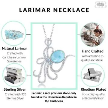 Beaux Bijoux Nautical Octopus Caribbean Natural Larimar Gemstone Sterling Silver Pendant 18’’ Necklace Jewelry for Women