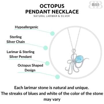 Beaux Bijoux Nautical Octopus Caribbean Natural Larimar Gemstone Sterling Silver Pendant 18’’ Necklace Jewelry for Women