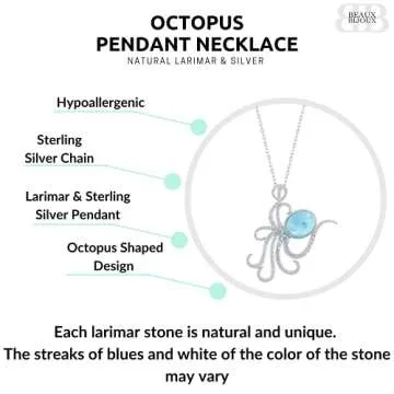 Beaux Bijoux Nautical Octopus Caribbean Natural Larimar Gemstone Sterling Silver Pendant 18’’ Necklace Jewelry for Women