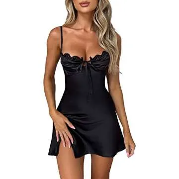 Axupico Womens Y2k Satin Mini Dress Backless Low Cut Tie up Spaghetti Strap Dress Lace Slip Party Dress Clubwear (A-Black, M)
