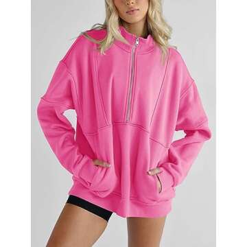 Women's Oversized Warm Sweatshirts Half Zip Fleece Thumb Hole Long Sleeve Pullovers with Pockets Pink