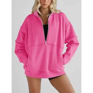Women's Oversized Warm Sweatshirts Half Zip Fleece Thumb Hole Long Sleeve Pullovers with Pockets Pink