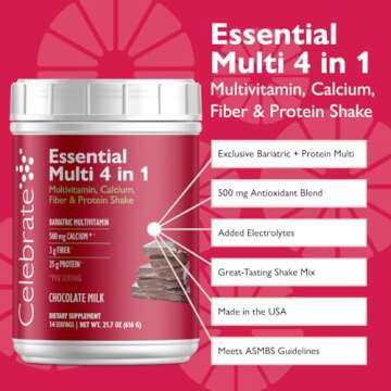 Celebrate Vitamins Essential Multi 4-in-1 Powder - Bariatric Multivitamin, 500mg Calcium, 4g Fiber, ...