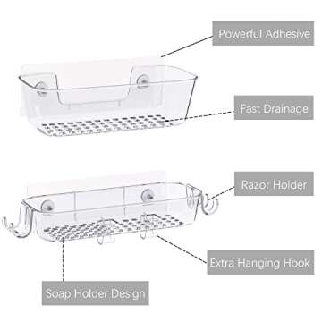 TZAMLI Shower Caddy, Adhesive Shower Organizer Rustproof Shower Shelf with Razor Holder and Hook, Shower Rack for Bathroom Storage (Clear, 3 Pack)