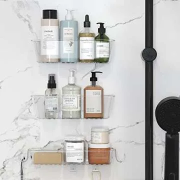 TZAMLI Shower Caddy, Adhesive Shower Organizer Rustproof Shower Shelf with Razor Holder and Hook, Shower Rack for Bathroom Storage (Clear, 3 Pack)