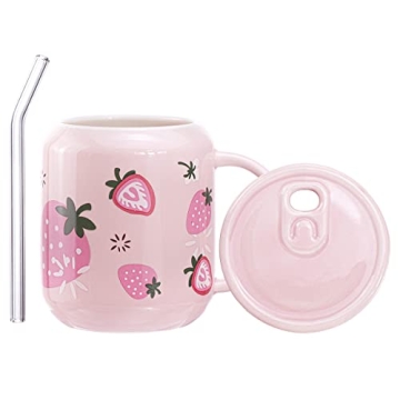 Sizikato Porcelain Mug with Lid & Straw - Cute Water Cup