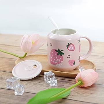 Sizikato Porcelain Mug with Lid & Straw - Cute Water Cup