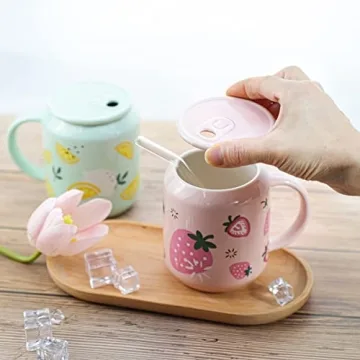Sizikato Porcelain Mug with Lid & Straw - Cute Water Cup