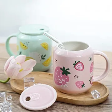 Sizikato Porcelain Mug with Lid & Straw - Cute Water Cup