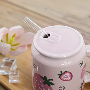 Sizikato Porcelain Mug with Lid & Straw - Cute Water Cup