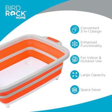 BIRDROCK HOME Collapsible Large BBQ Prep Tub w/Cutting Board, Multi-Function Grill Caddy w/Colander ...