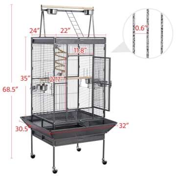 Yaheetech 69-inch Wrought Iron Rolling Large Parrot Bird Cage for African Grey Small Quaker Amazon Cockatiel Sun Parakeet Green Cheek Conure Dove Lovebird Budgie Play Top with Stand
