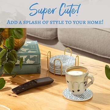 Ceramic Drink Coasters - Includes 6 Handpainted Blue Patterns and Gold Holder - Super Absorbent - Cork Underside Protects Furniture