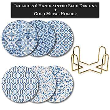 Ceramic Drink Coasters - Includes 6 Handpainted Blue Patterns and Gold Holder - Super Absorbent - Cork Underside Protects Furniture