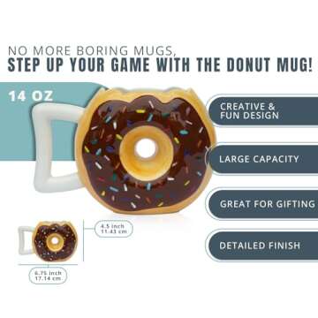 Ceramic Donut Mug - Delicious Chocolate Glaze Doughnut Mug with Sprinkles - Funny "MMM... Donuts!" Q...