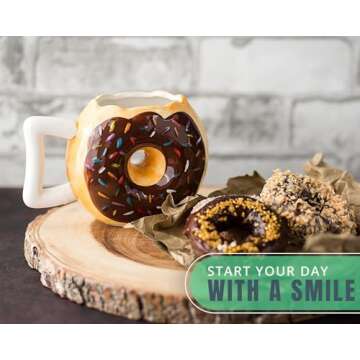 Ceramic Donut Mug - Delicious Chocolate Glaze Doughnut Mug with Sprinkles - Funny "MMM... Donuts!" Quote - Best Cup For Coffee, Tea, and More - Large 14 oz Size - Funny Coffee Mug Gift - Brown