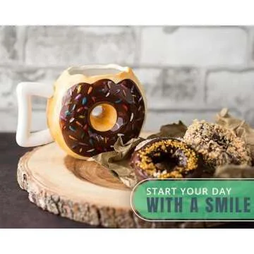 Ceramic Donut Mug - Delicious Chocolate Glaze Doughnut Mug with Sprinkles - Funny "MMM... Donuts!" Quote - Best Cup For Coffee, Tea, and More - Large 14 oz Size - Funny Coffee Mug Gift - Brown