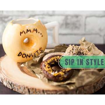 Ceramic Donut Mug - Delicious Chocolate Glaze Doughnut Mug with Sprinkles - Funny "MMM... Donuts!" Quote - Best Cup For Coffee, Tea, and More - Large 14 oz Size - Funny Coffee Mug Gift - Brown