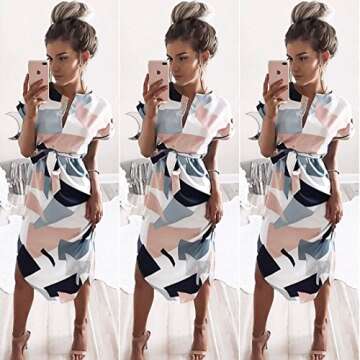 ECOWISH Womens Dresses Summer Casual V-Neck Floral Print Geometric Pattern Belted Summer Dresses for...