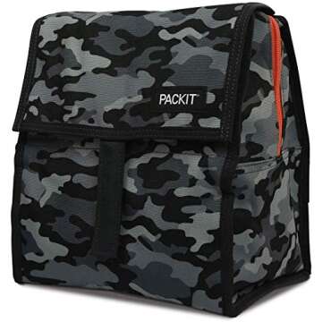 PACKIT pack it 10 inch 10 hour Freezable Foldable Reusable Multipal Uses Lunch Bag with Adjustable Strap (Grey Camo)