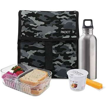 PACKIT pack it 10 inch 10 hour Freezable Foldable Reusable Multipal Uses Lunch Bag with Adjustable Strap (Grey Camo)
