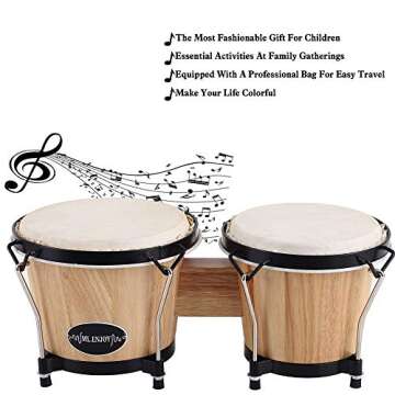 ML.ENJOY Bongo Drums, 2 Set 7" and 8" Drum Set, Tunable Percussion Instruments Synthetic Metal Frame Construction Bongo Drum for Kids Adults Beginners with Travel Bag and Tuning Wrench, Natural Finish