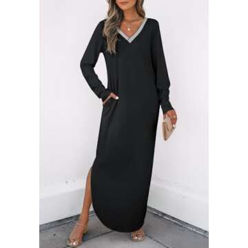 MEROKEETY Women's 2024 Fall Long Sleeve Maxi Dress V Neck Trendy Split Loose Casual Pockets Dresses, Black, Small