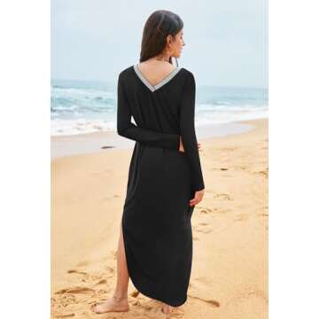 MEROKEETY Women's 2024 Fall Long Sleeve Maxi Dress V Neck Trendy Split Loose Casual Pockets Dresses, Black, Small