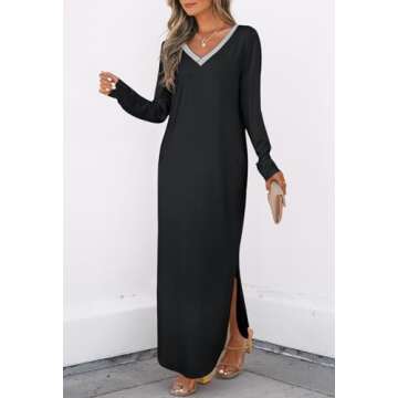 MEROKEETY Women's 2024 Fall Long Sleeve Maxi Dress V Neck Trendy Split Loose Casual Pockets Dresses, Black, Small
