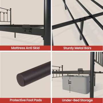 Golden Gate Beds Victorian Bed Frame Elegant Vintage Style - Metal Steel Platform, Wrought Iron Headboard and Footboard, Sturdy Heavy Duty High Ground Design, No Box Spring Needed - Black, Queen Size