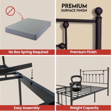 Golden Gate Beds Victorian Bed Frame Elegant Vintage Style - Metal Steel Platform, Wrought Iron Headboard and Footboard, Sturdy Heavy Duty High Ground Design, No Box Spring Needed - Black, Queen Size