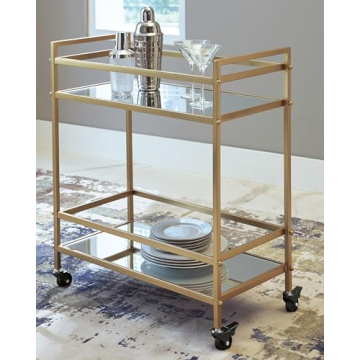 Elegant Gold-Tone Metal Bar Cart with Mirrored Shelves